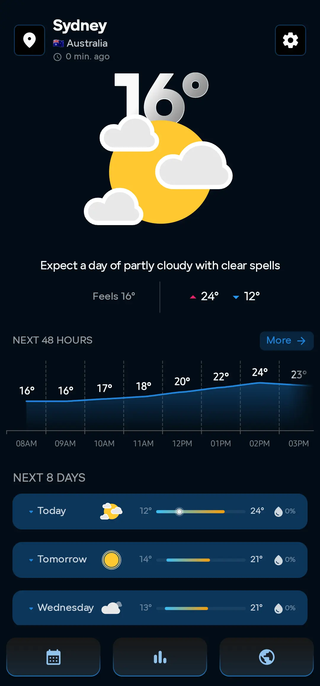 Weather App dark blue home screen